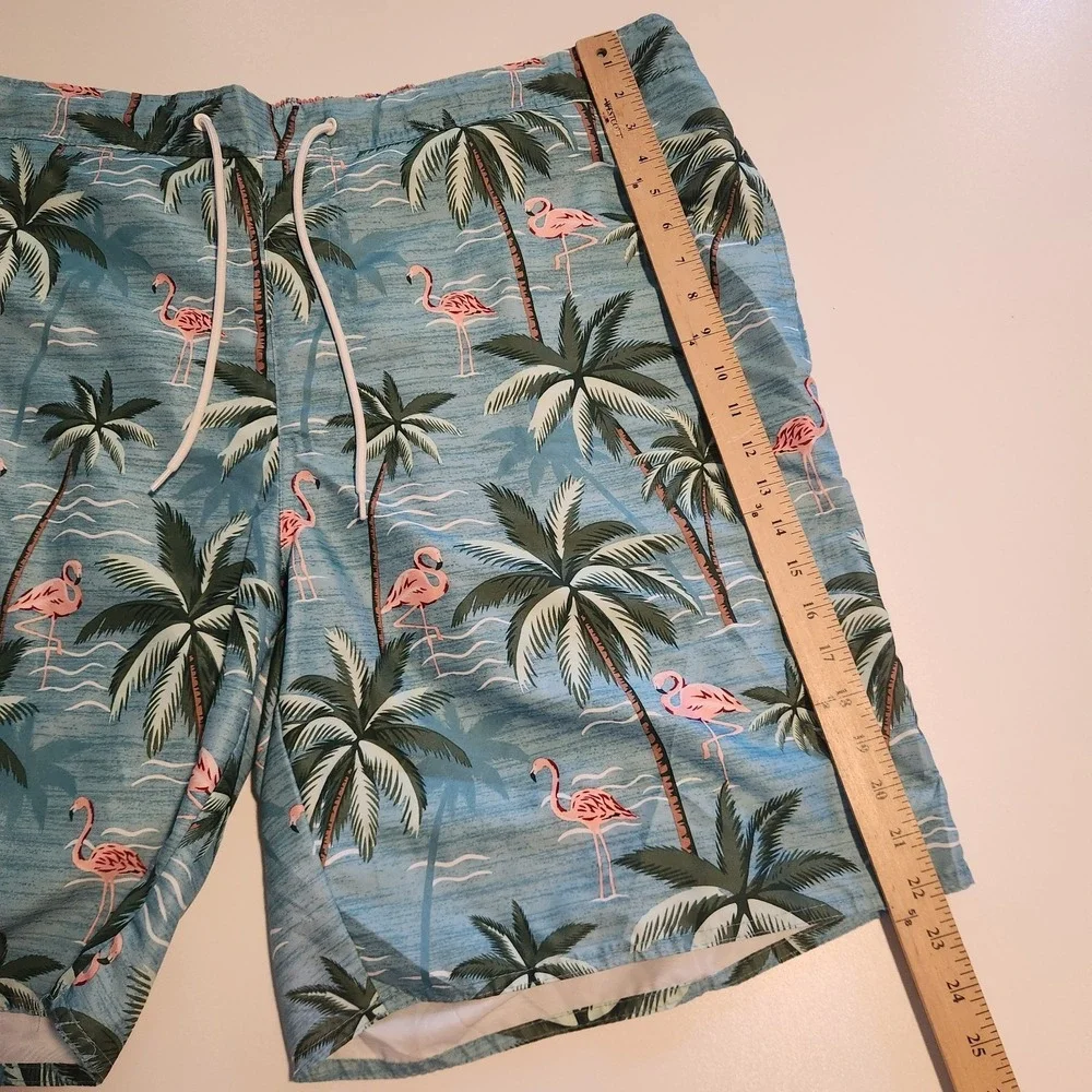 St‎ Johns Bay Swim Trunks Blue Hawaiian Flamingos Drawstring Mesh Lined 3XLT